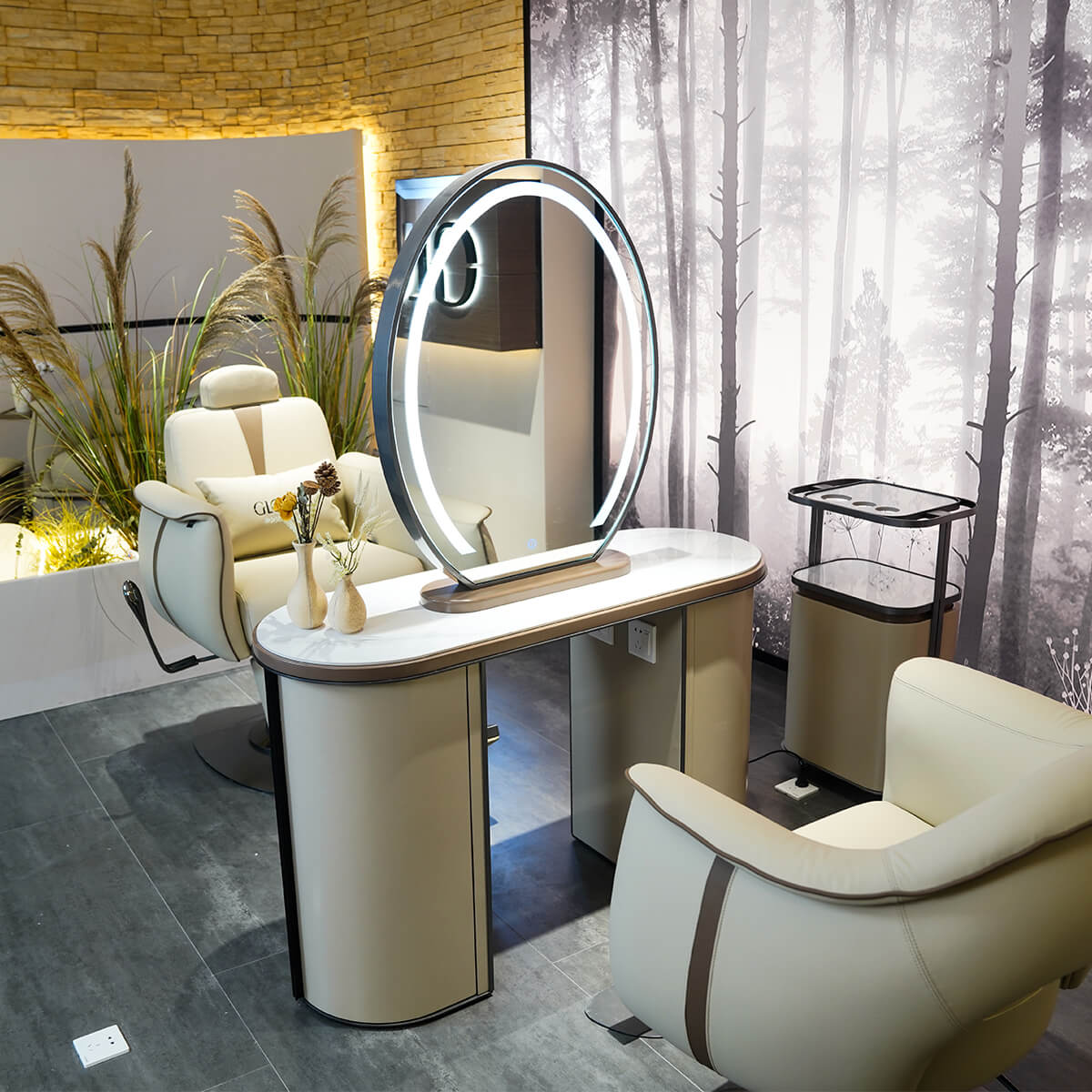 Glorall salon mirror station for hair salon studio mirror with LED light with bench