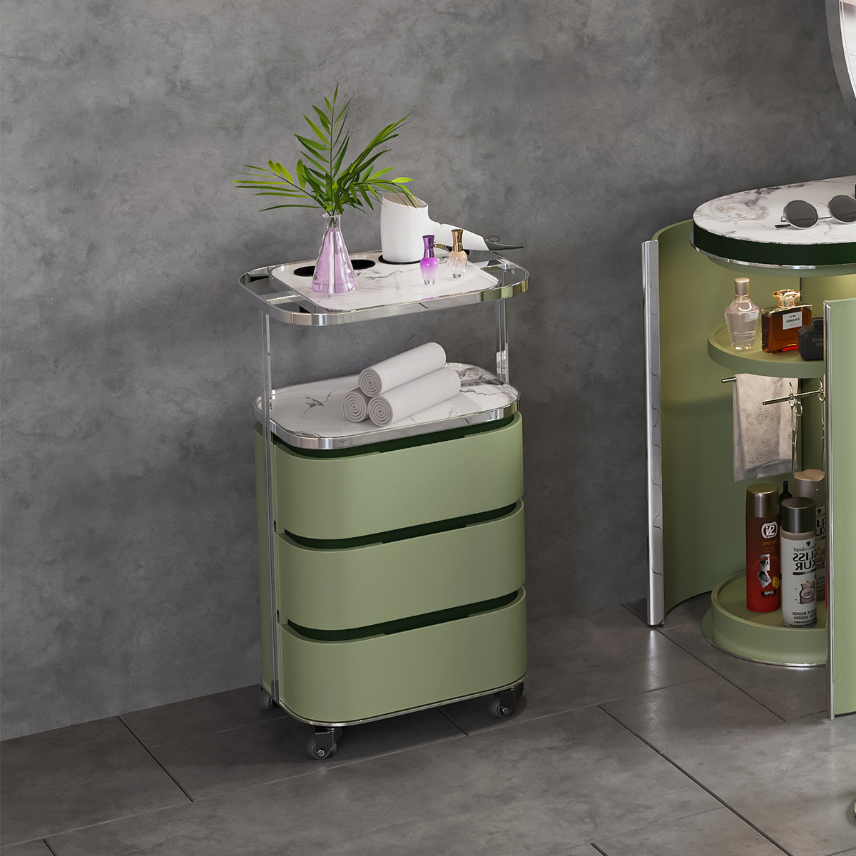 Glorall green salon station hair trolley cart beauty stool cabinet (2)