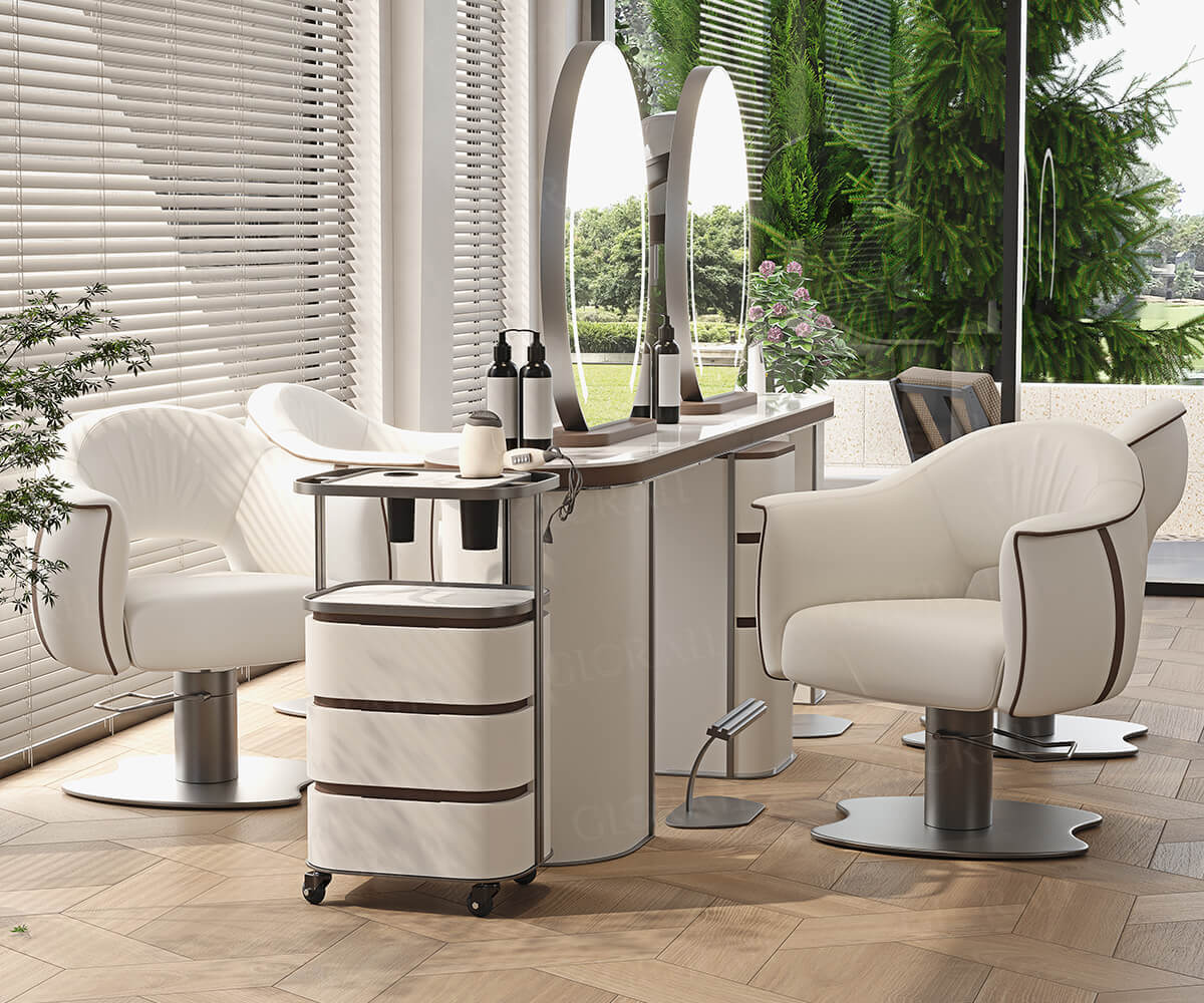 Glorall white mirror station salon trolley salon chair barber chair makeup chair- (1)