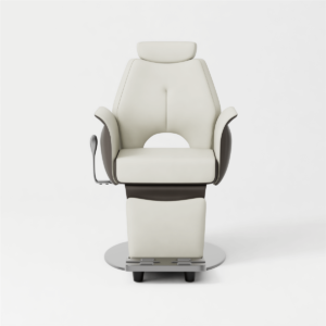 Glorall Mocha MO5302 reclining barber chair with patented black base and huggy armrest