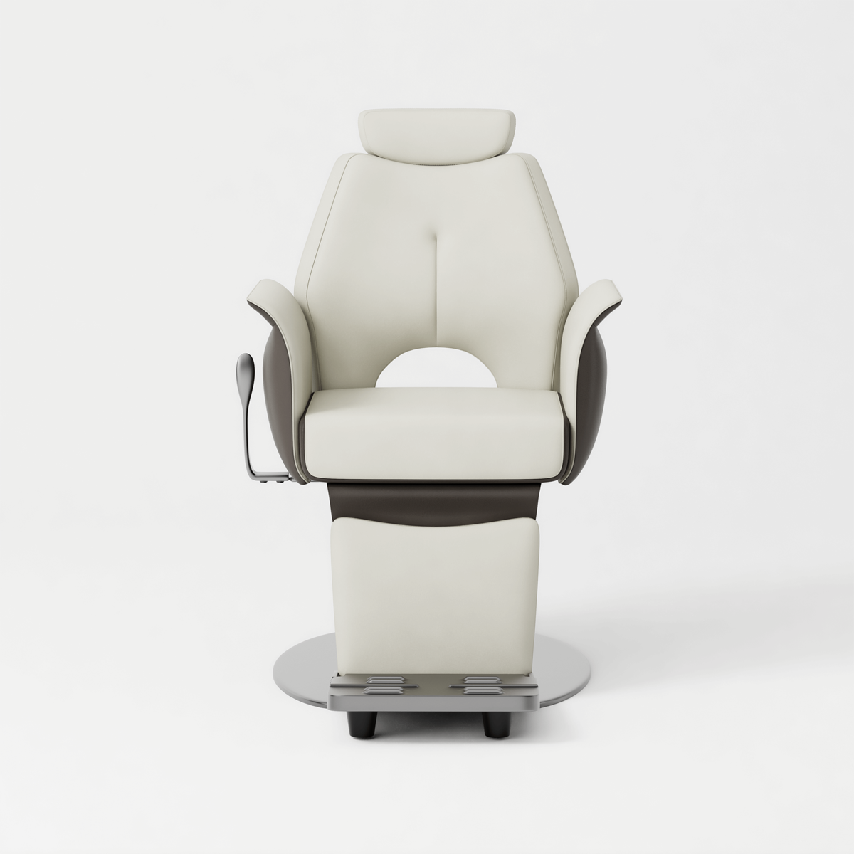 Glorall Mocha MO5302 reclining barber chair with patented black base and huggy armrest