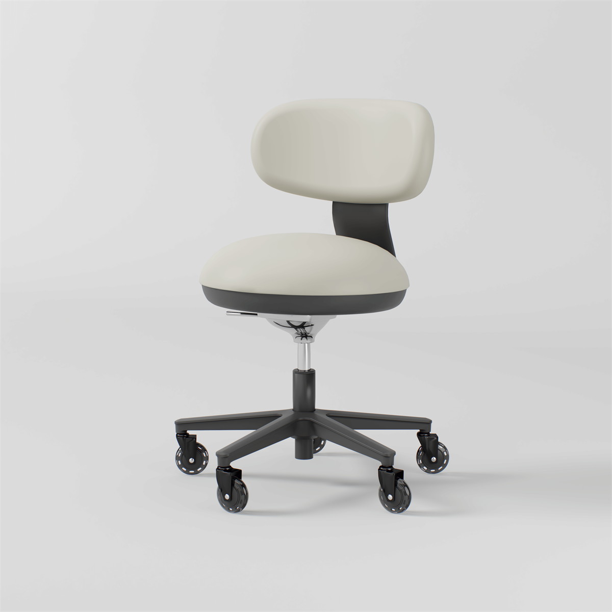 Glorall Mocha OC3009 ergonomic rolling salon stool in light grey leather with black ABS base and silicon wheels